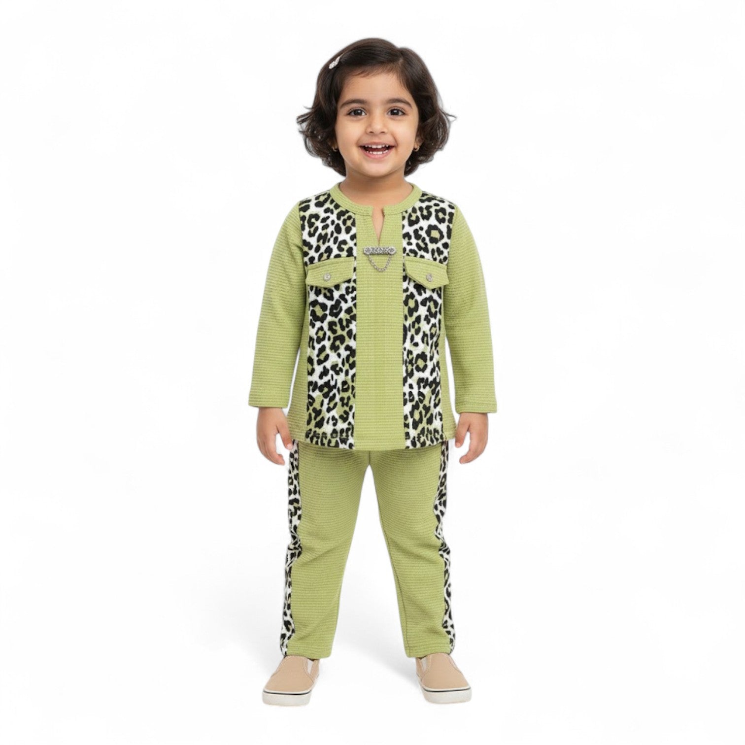 Girls Leopard Panel Jacquard Top & Pants Set